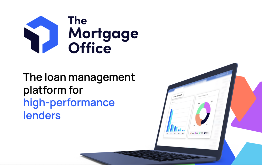 Laptop displaying charts next to "The Mortgage Office" logo and text: "The loan management platform for high-performance lenders.